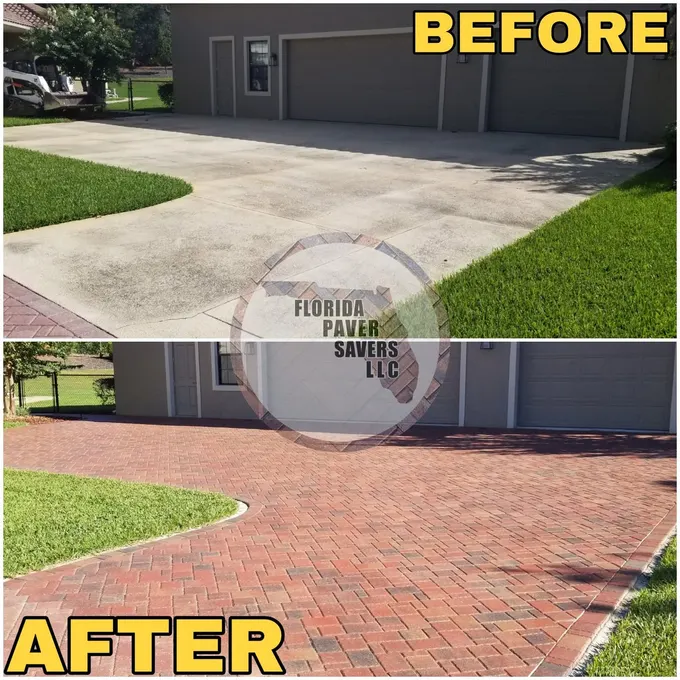 Before-and-after comparison of a driveway and red pavers beside a garage