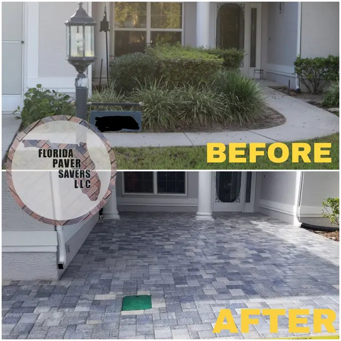 Before-and-after comparison of a narrow front path and a wider paver entrance