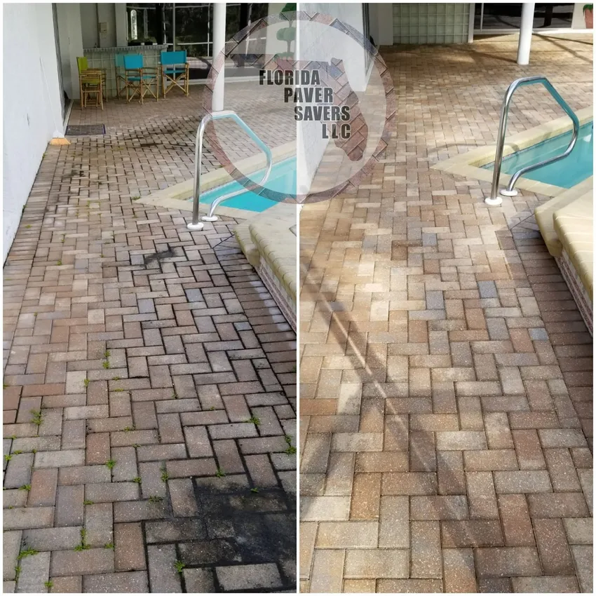Before-and-after cleaning and sealing of pool deck pavers beside a handrail