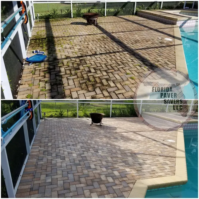 Before-and-after cleaning and sealing of pavers inside a screen enclosure