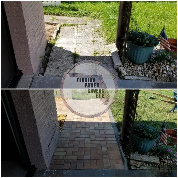 Before-and-after installation of a paver walkway beside a home