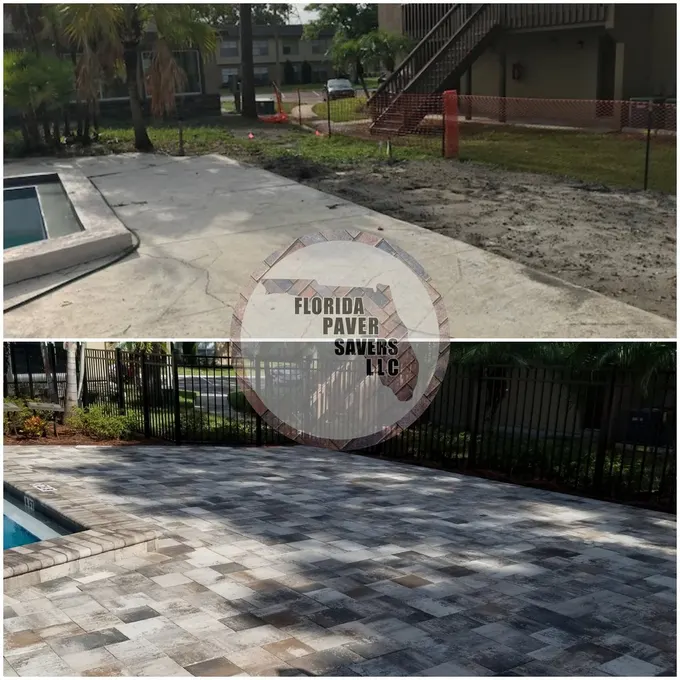 Before-and-after view of a curved pool edge finished with patterned pavers