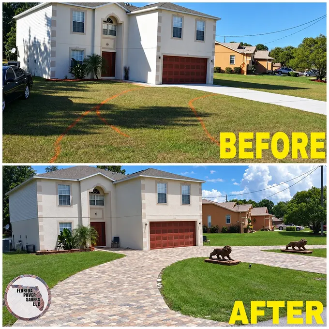 Before-and-after circular paver driveway installation with lion statues in front of a two-story home