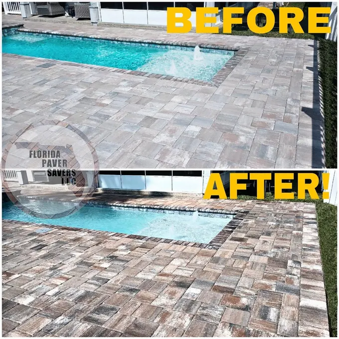 Before-and-after cleaning and sealing of a paver pool deck beside a white slide