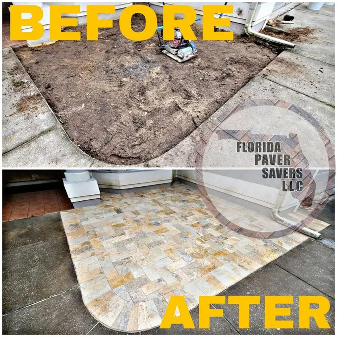 Before-and-after installation of a rounded travertine patio beside a rear doorway