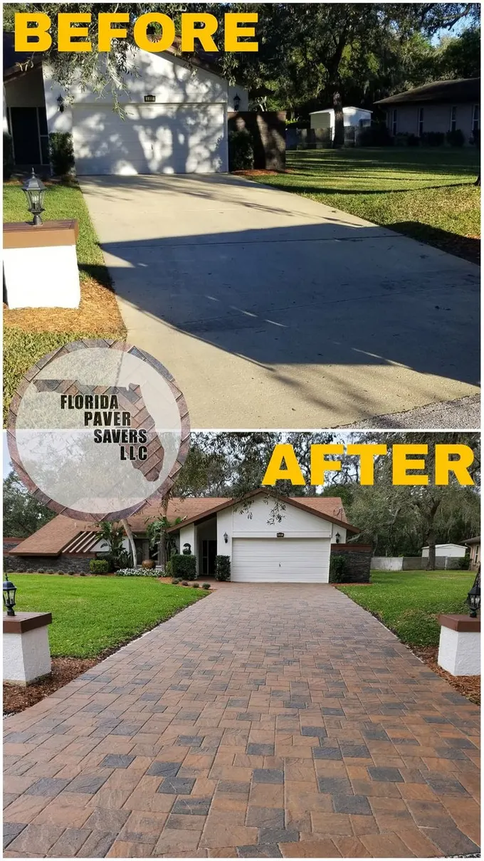 Before-and-after conversion of a concrete driveway to warm multicolor pavers