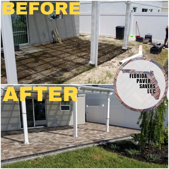 Before-and-after restoration of pavers beneath a white pergola