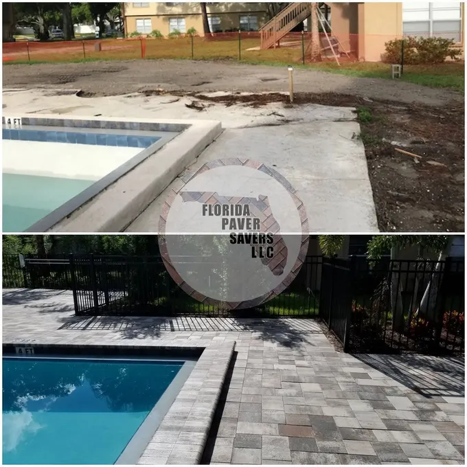 Commercial pool deck before and after paver installation beside the pool corner
