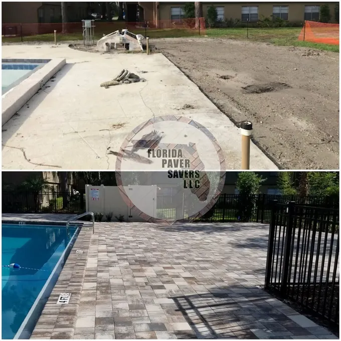 Commercial poolside walkway before and after installation of gray pavers