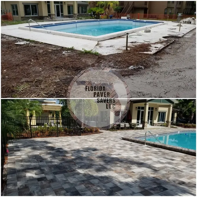 Commercial pool terrace before and after paver installation near the clubhouse