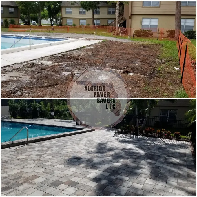 Before-and-after commercial pool deck installation along a curved pool edge