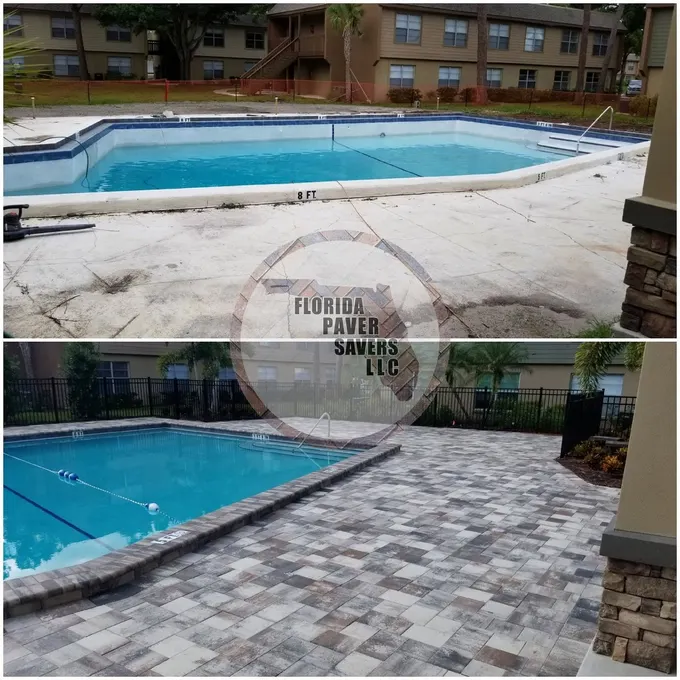 Before-and-after view of commercial pool paving beneath a covered terrace
