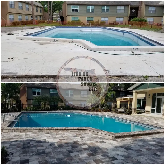 Before-and-after commercial pool deck installation viewed toward the clubhouse