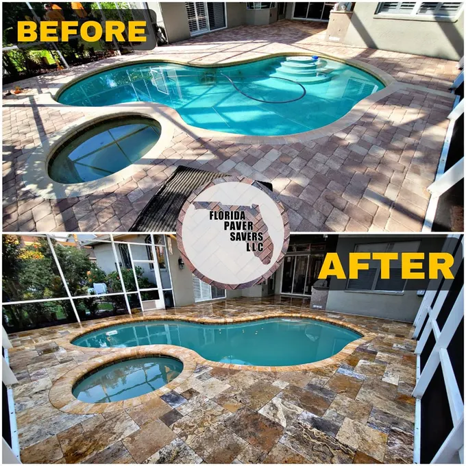 Before-and-after replacement of a paver pool deck with gold and brown travertine around a swimming pool and round spa in Odessa