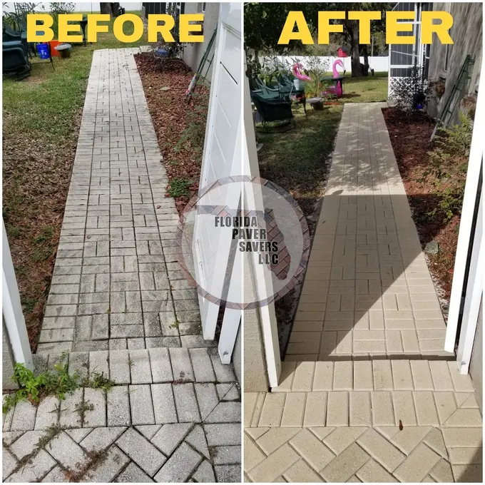 Before-and-after cleaning and restoration of a straight paver walkway beside a home