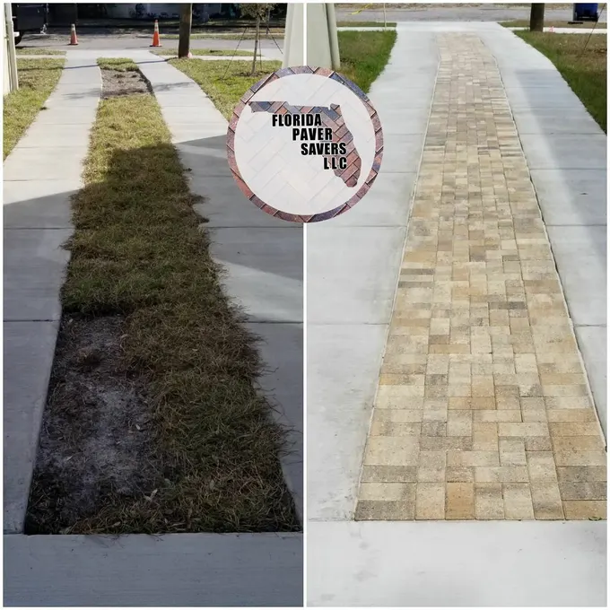 Before-and-after installation of a narrow paver driveway approach