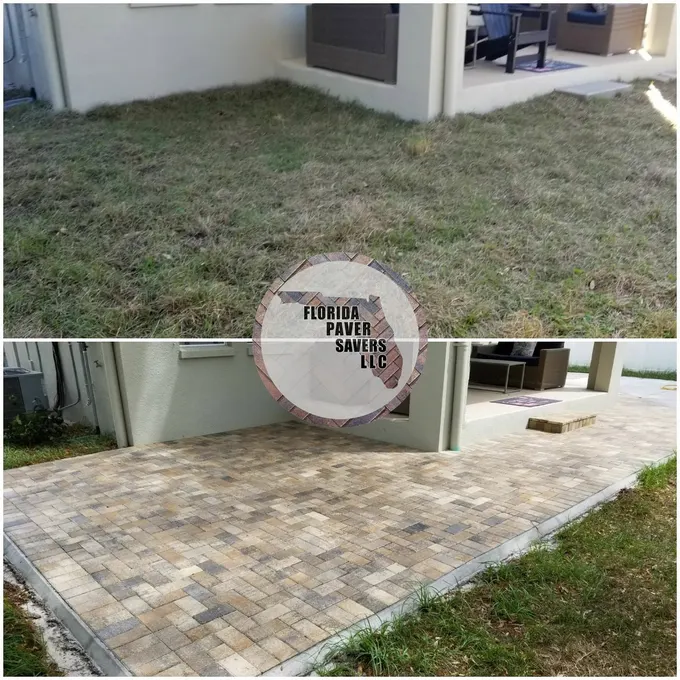 Before-and-after paver patio extension along the back of a home