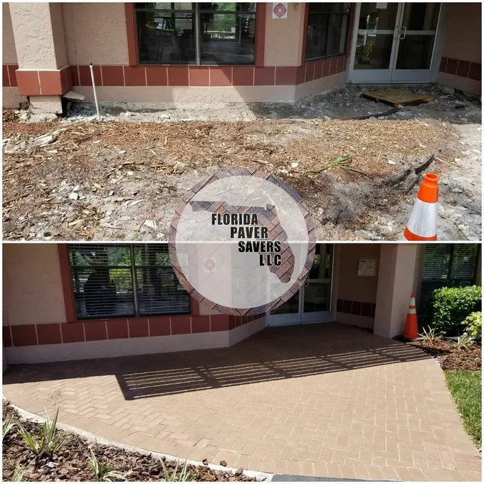Before-and-after installation of a paver entrance outside an apartment building