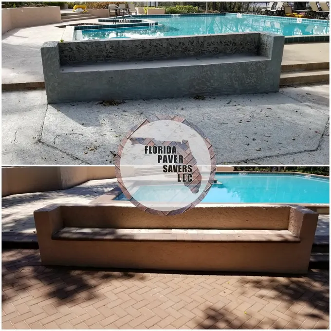 Before-and-after commercial pool terrace with a finished seating wall