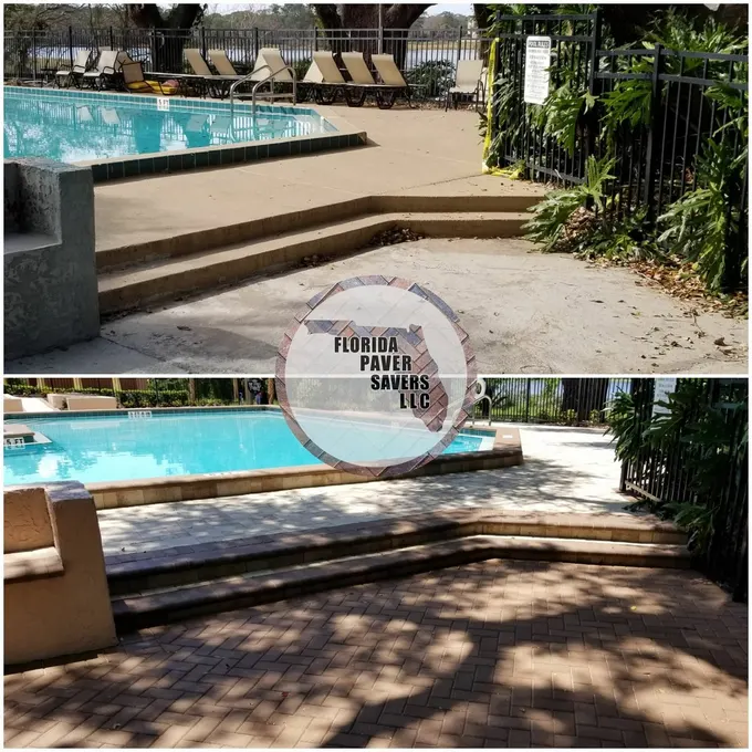 Before-and-after commercial pool terrace steps and adjoining paver deck