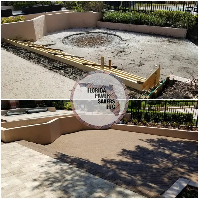 Before-and-after commercial circular patio installation beside low retaining walls