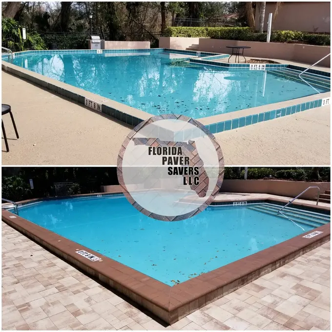 Before-and-after commercial swimming pool surround with new pavers and coping