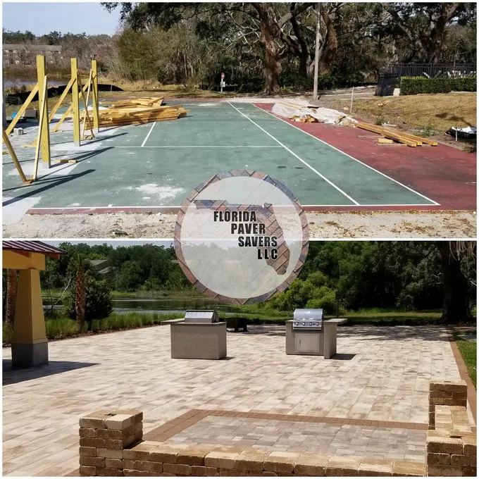 Before-and-after conversion of a commercial recreation area to a paver gathering space with seating walls