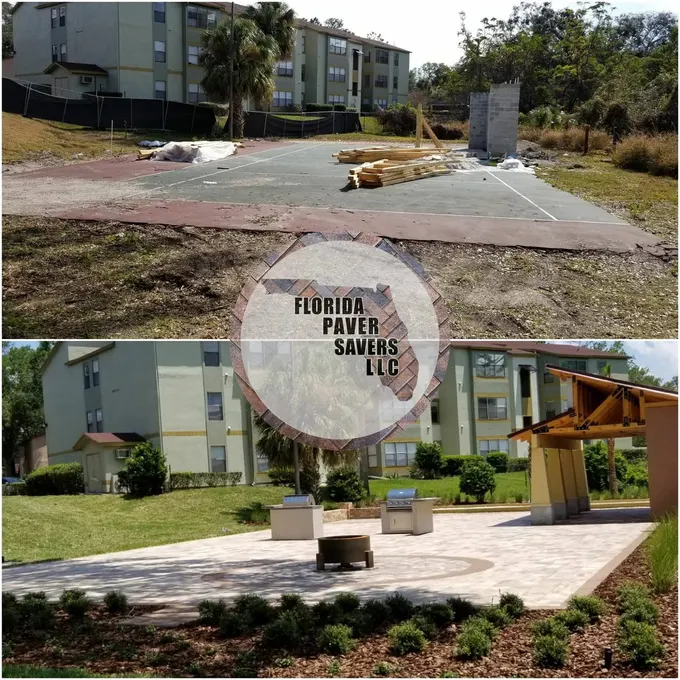 Before-and-after commercial paver courtyard with a circular gathering area and seating walls