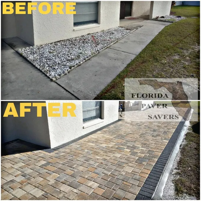 Before-and-after installation of a paver walkway along the side of a home